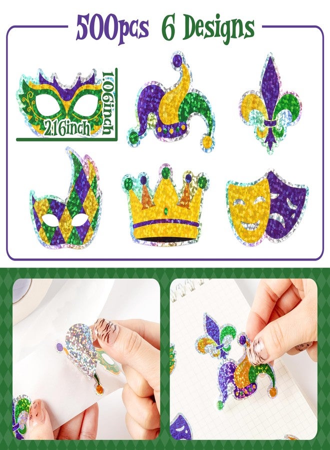 Kirako 500Pcs Mardi Gras Stickers Roll Holographic Laser Yellow Green Purple Fleur de Lis Waterproof Self-Adhesive Decals for New Orleans Carnival Holiday DIY Crafts Party Favors Gifts Envelope Journal Decor - Image 2